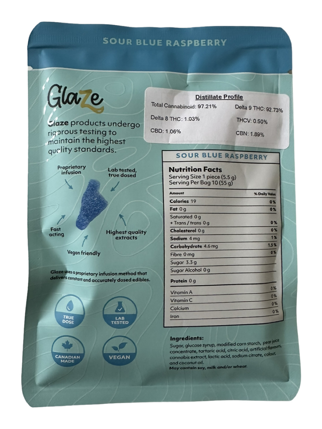 Glaze Gummies THC Sour Blue Raspberry Edibles 40mg (10 Pack Gummy) Back Bag
