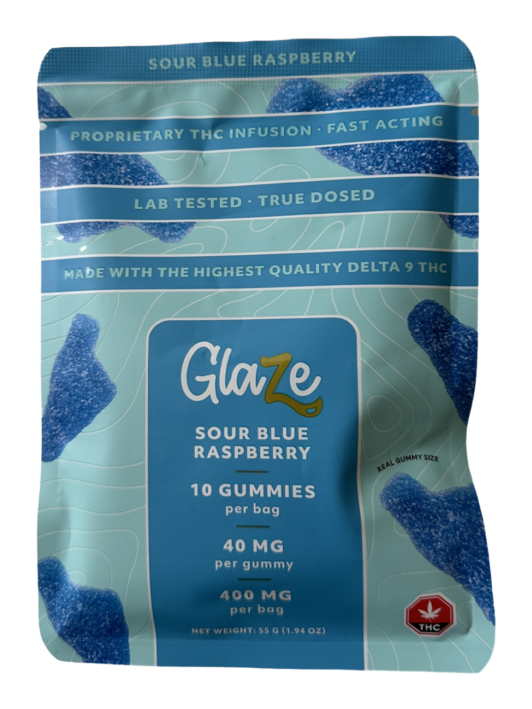 Glaze Gummies THC Sour Blue Raspberry Edibles 40mg (10 Pack Gummy)